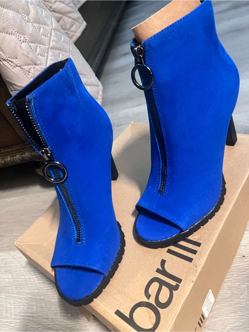 Bar III Cobalt Blue Suede Peep-Toe Zipper Ankle Booties - Picture 2 of 3
